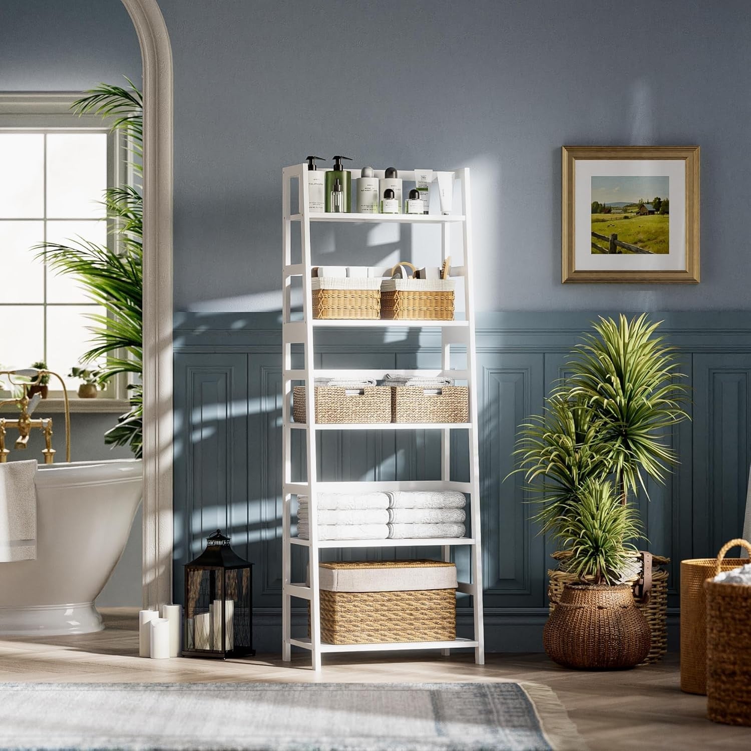 White 5-Tier Bamboo Ladder Bookcase, Heavy Duty Tall Display Storage Shelf