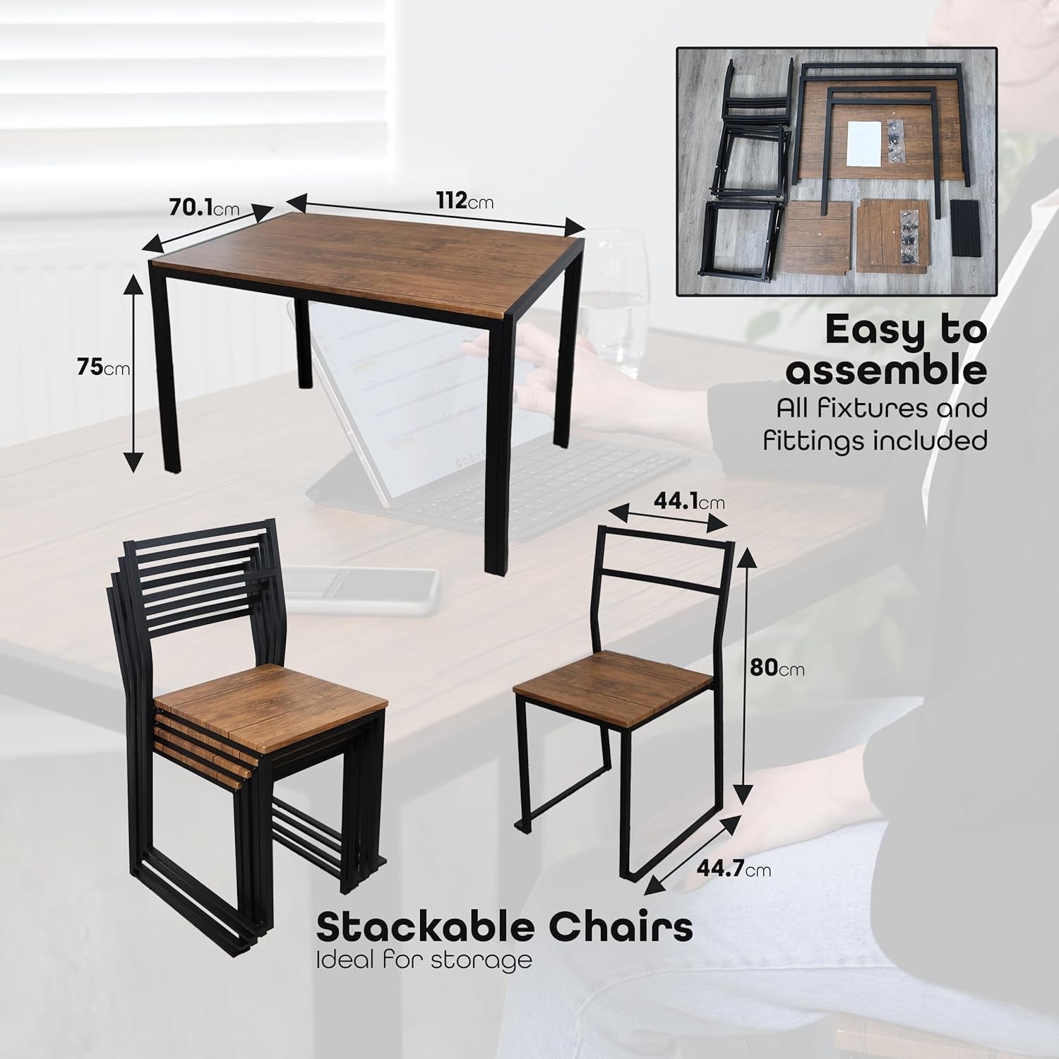 5-Piece Dining Table & Chairs Set with Storage Shelf, Modern Metal Dining Set