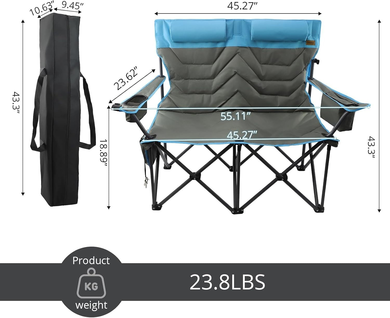 Double Folding Camping Chair 2-Seater Heavy Duty Cooler Cup Holders 650lbs