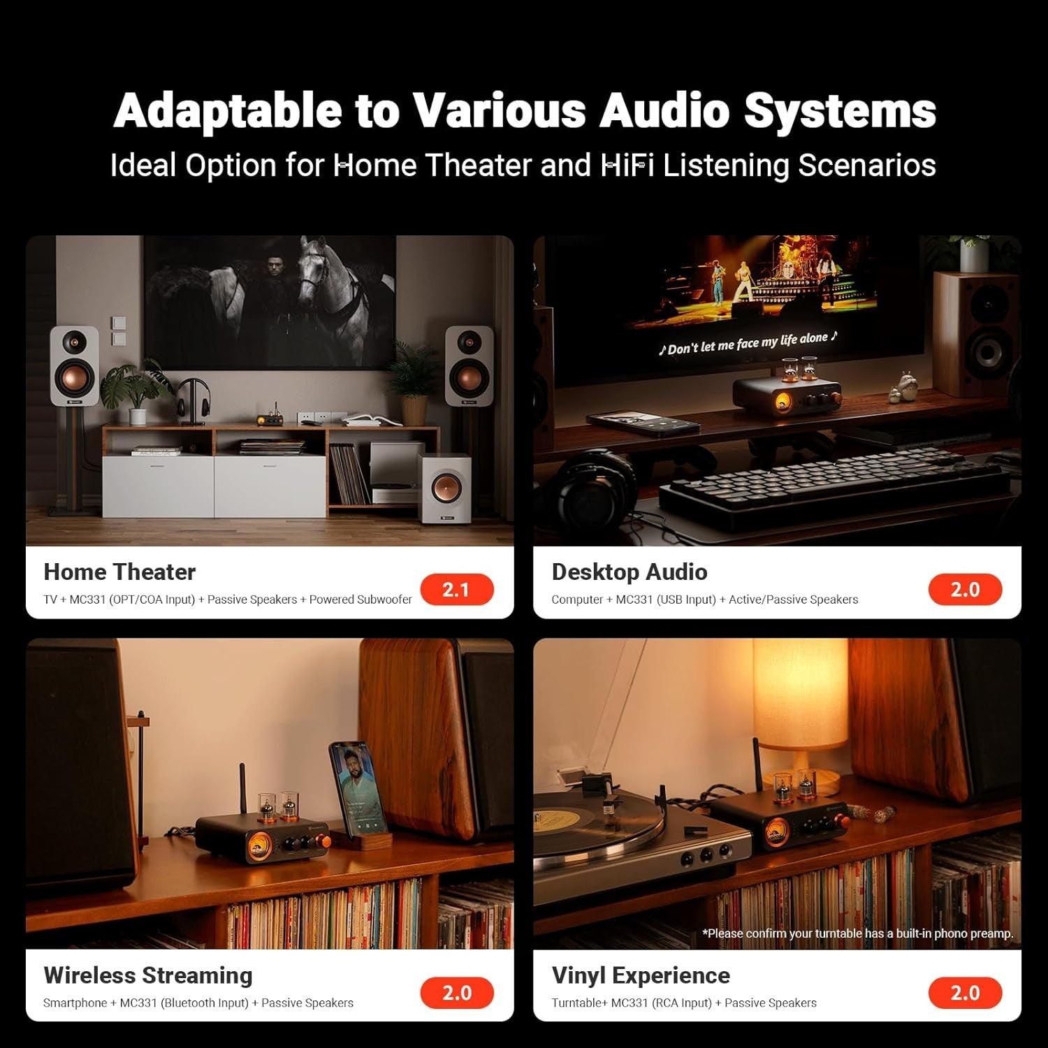Hybrid Tube Amplifier DAC 105W x2 Bluetooth USB Optical RCA