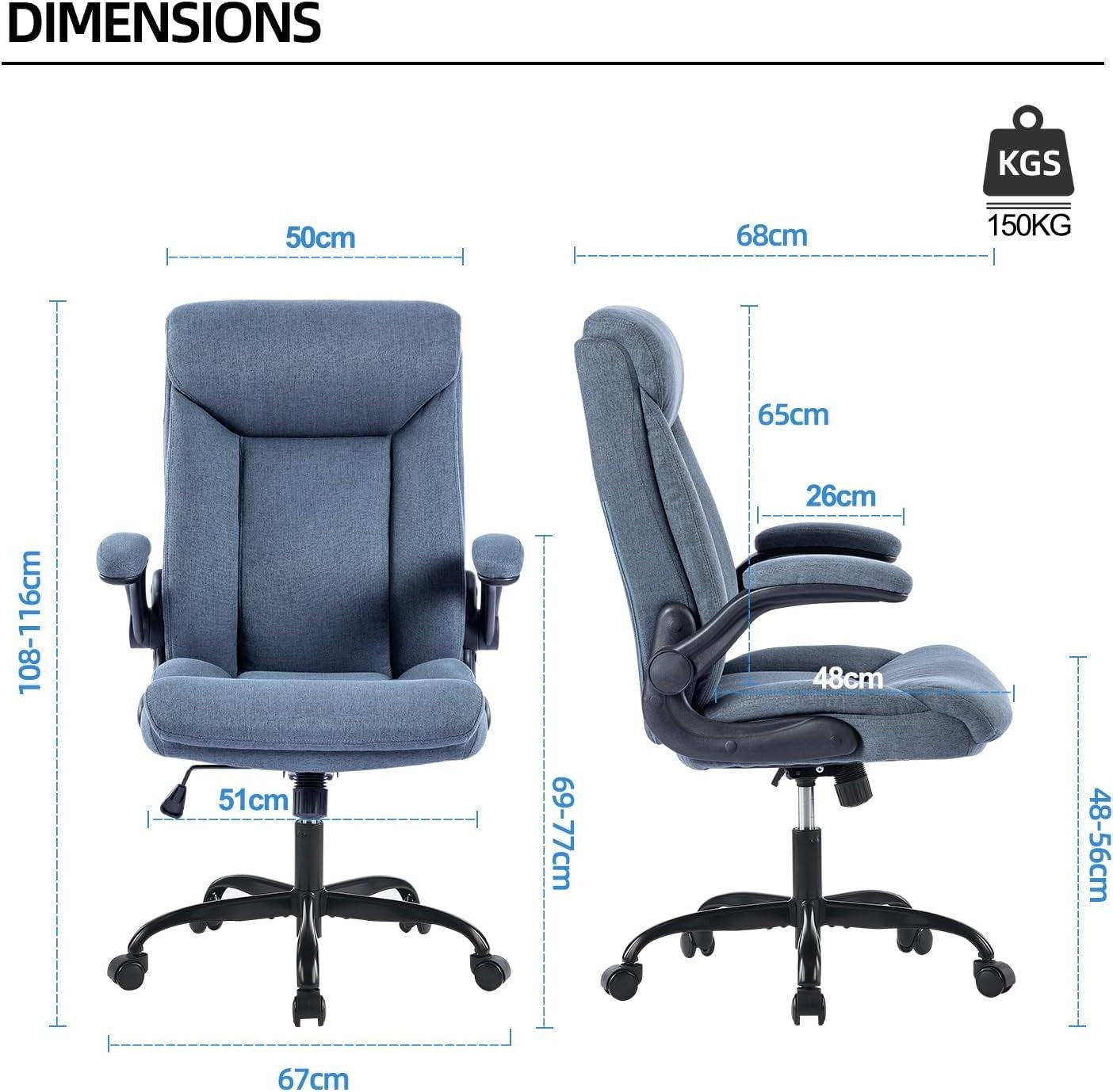 Ergonomic Office Chair High Back Swivel Desk Chair Flip-Up Arms 150kg Max Blue