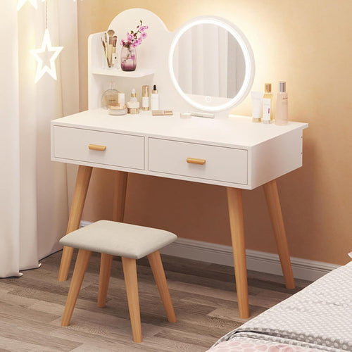 Modern White Vanity Table Set LED Mirror Makeup Desk Stool Storage Easy Assembly