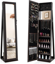 Espresso Jewelry Cabinet Mirror Lockable 3-in-1 Freestanding Storage