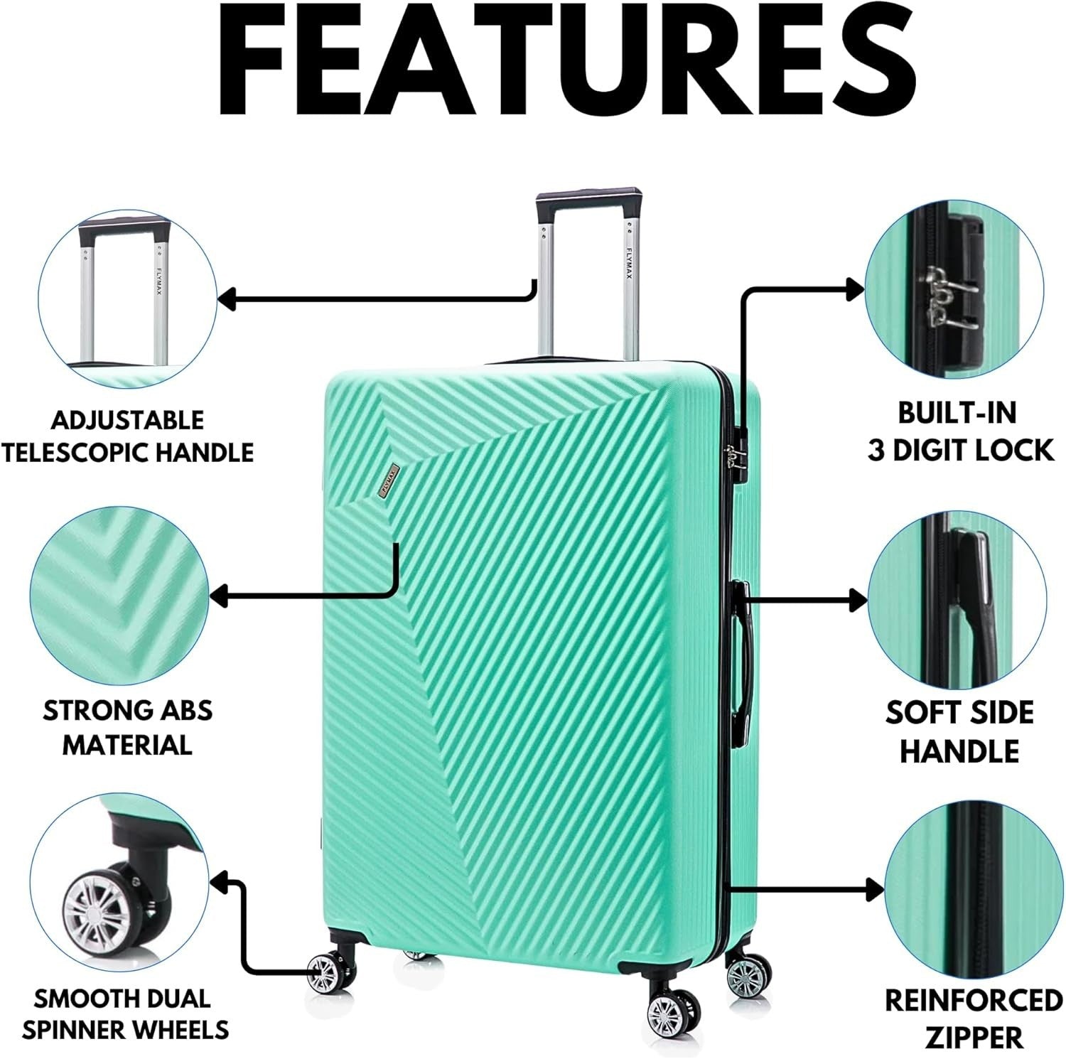 Medium Check In Suitcase ABS Hard Shell 4 Wheel Lightweight Lockable
