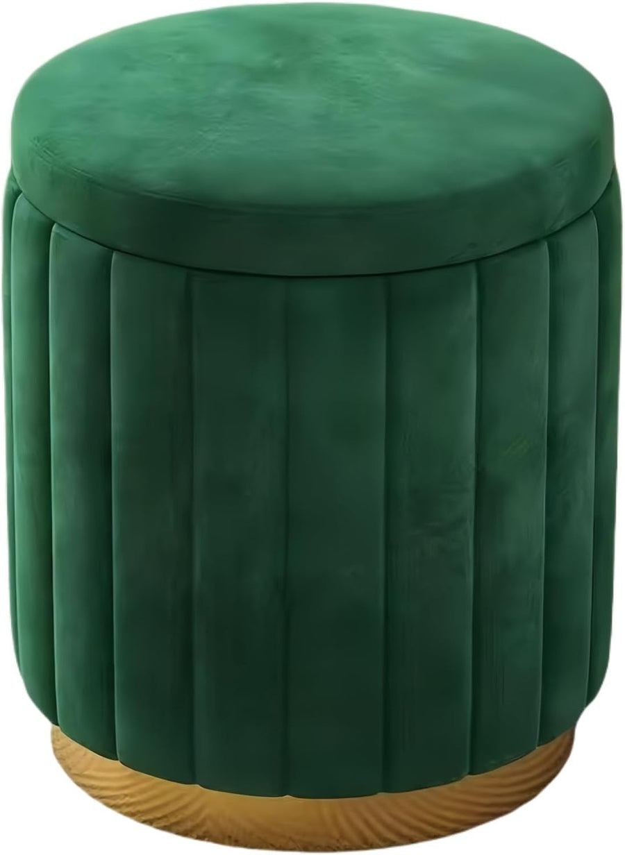 Green Velvet Storage Vanity Stool – Round Dressing Table Seat with Solid Wood