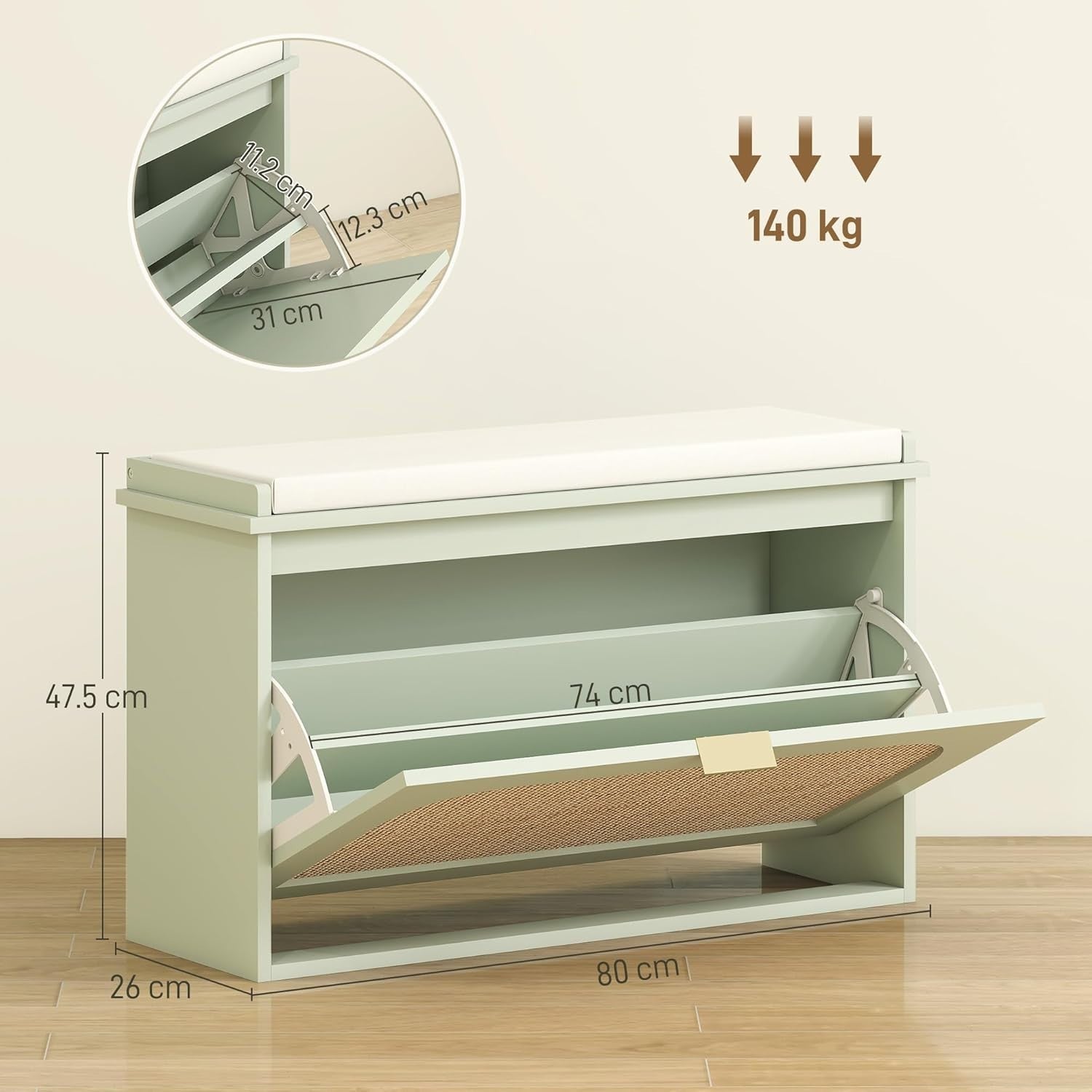 Compact Boho Shoe Bench with Padded Seat & Flip Drawer, Holds 8 Pairs