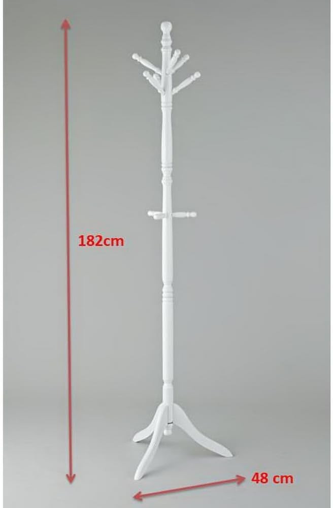 White Wooden Coat Rack Stand with 9 Hooks | Freestanding Solid Wood Hallway