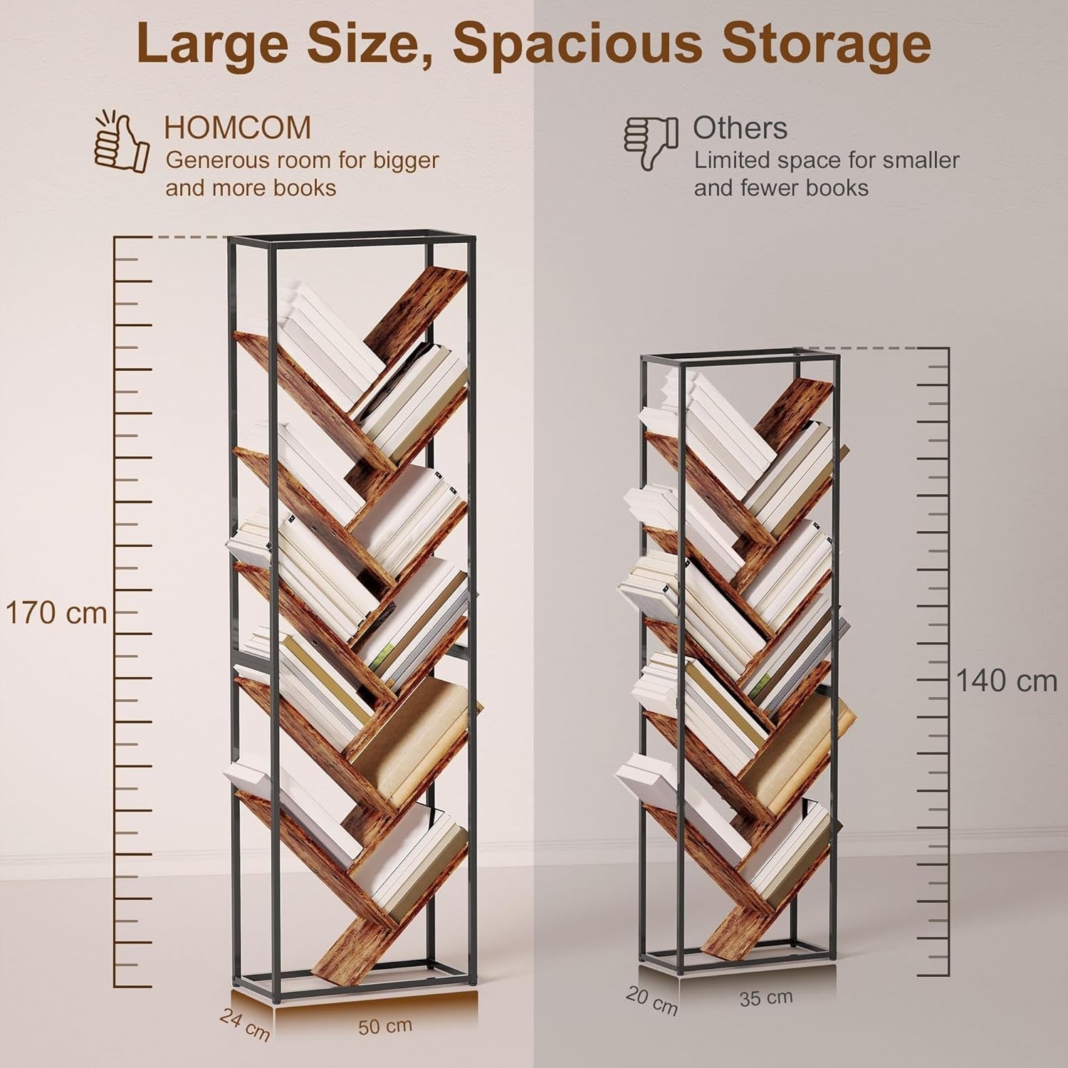10-Tier Tree Bookshelf Industrial Tall Display Storage Unit for Living Room Offi