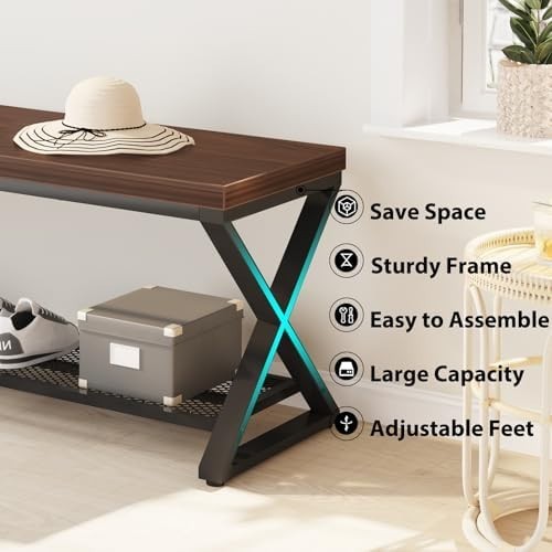 Walnut Industrial Entryway Storage Bench Metal Frame Shoe Rack Seat 119x36x46cm