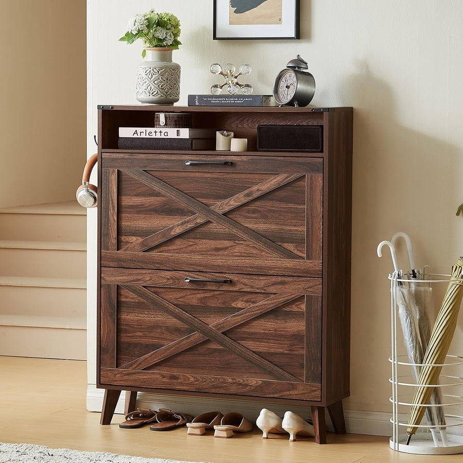 Slim Flip Drawer Shoe Cabinet with Adjustable Shelves & Anti-Tip Design