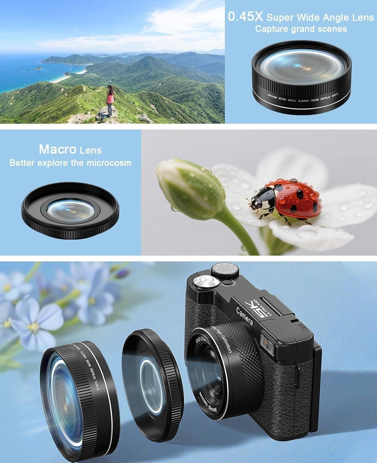 5K 64MP Vlogging Camera WiFi Flip Screen w/ 64GB Card & Lens
