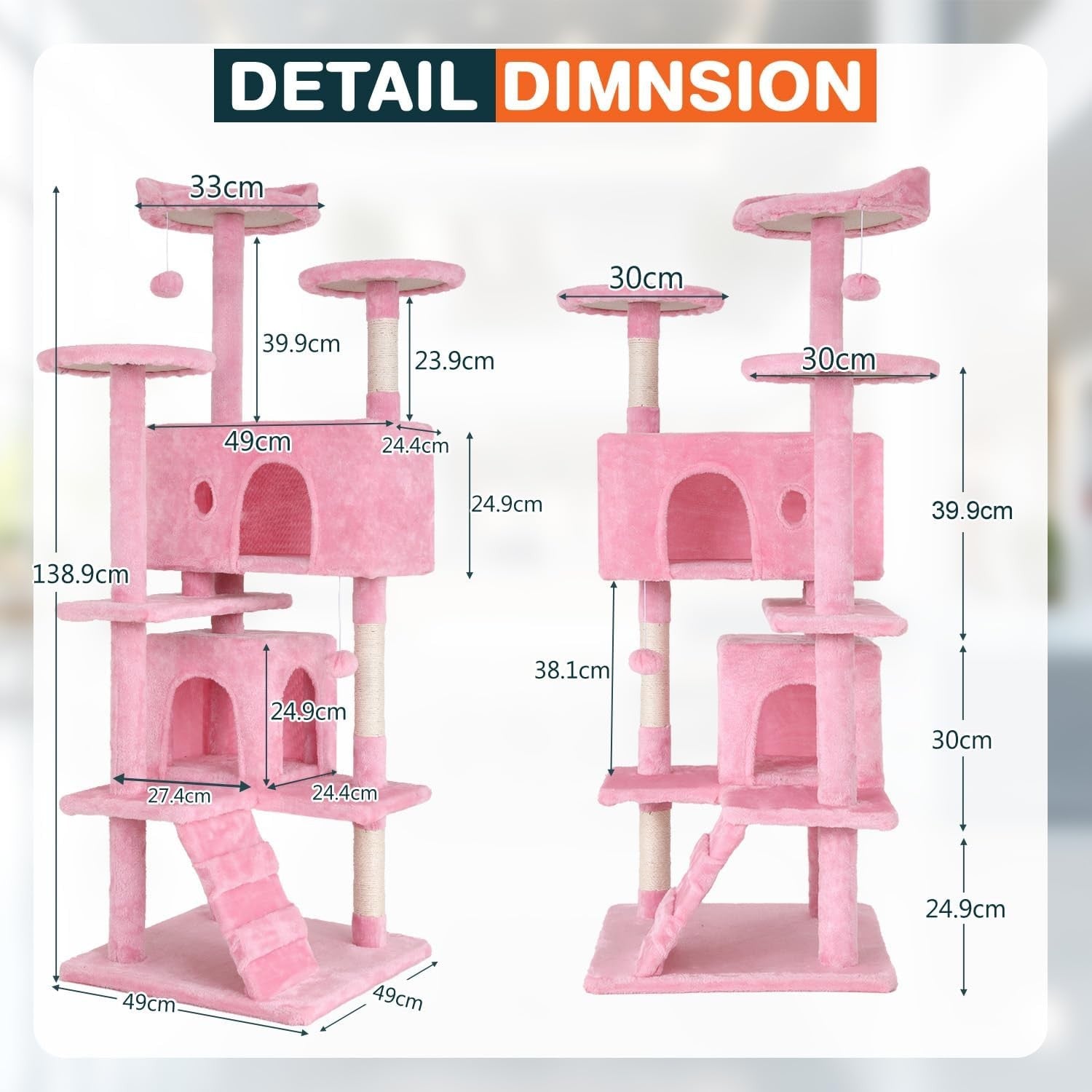 Pink Multi Level Cat Tree Tower 139cm with Condo Scratching Posts Play Centre