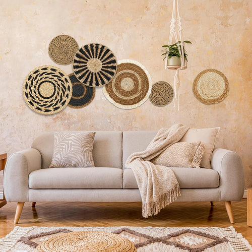 7pcs Boho Woven Wall Basket Decor Round Seagrass Set