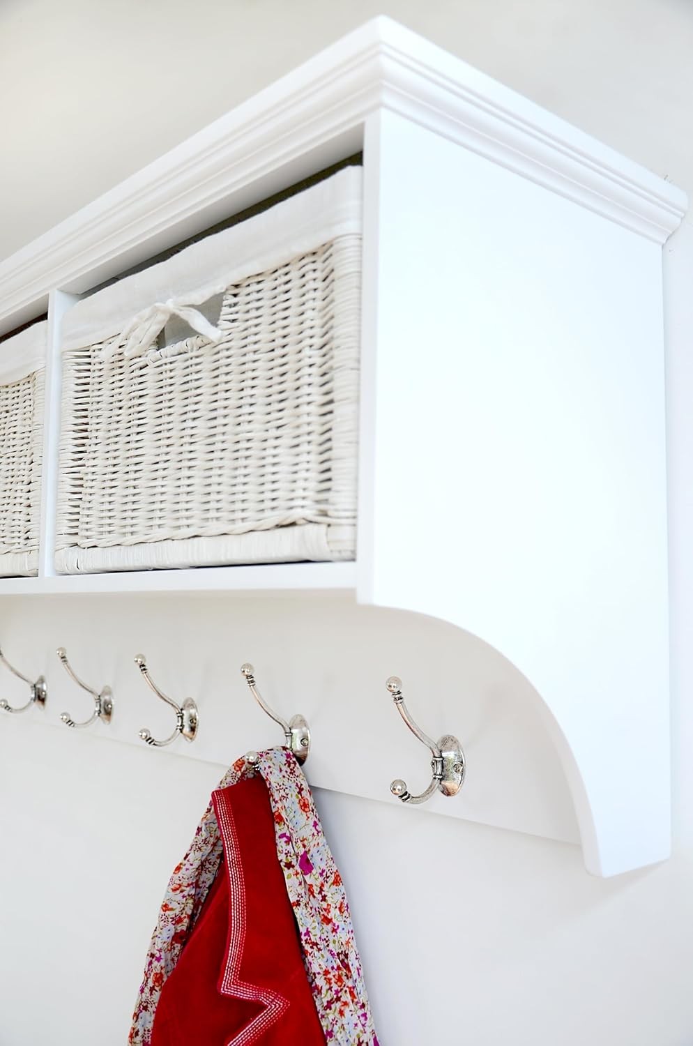 White Wall Mounted Coat Rack 3 Baskets 5 Double Hooks Hallway Storage Shelf