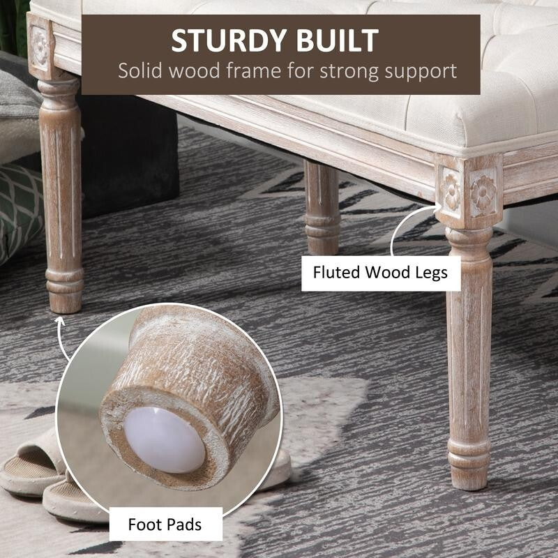 Beige Tufted Fabric End of Bed Bench Seat Vintage Ottoman Stool w/ Wood Legs