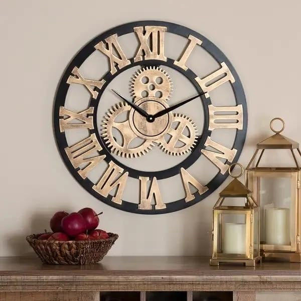 Large 45cm Roman Numeral Wall Clock Metal Wood Open Face Vintage Home Decor