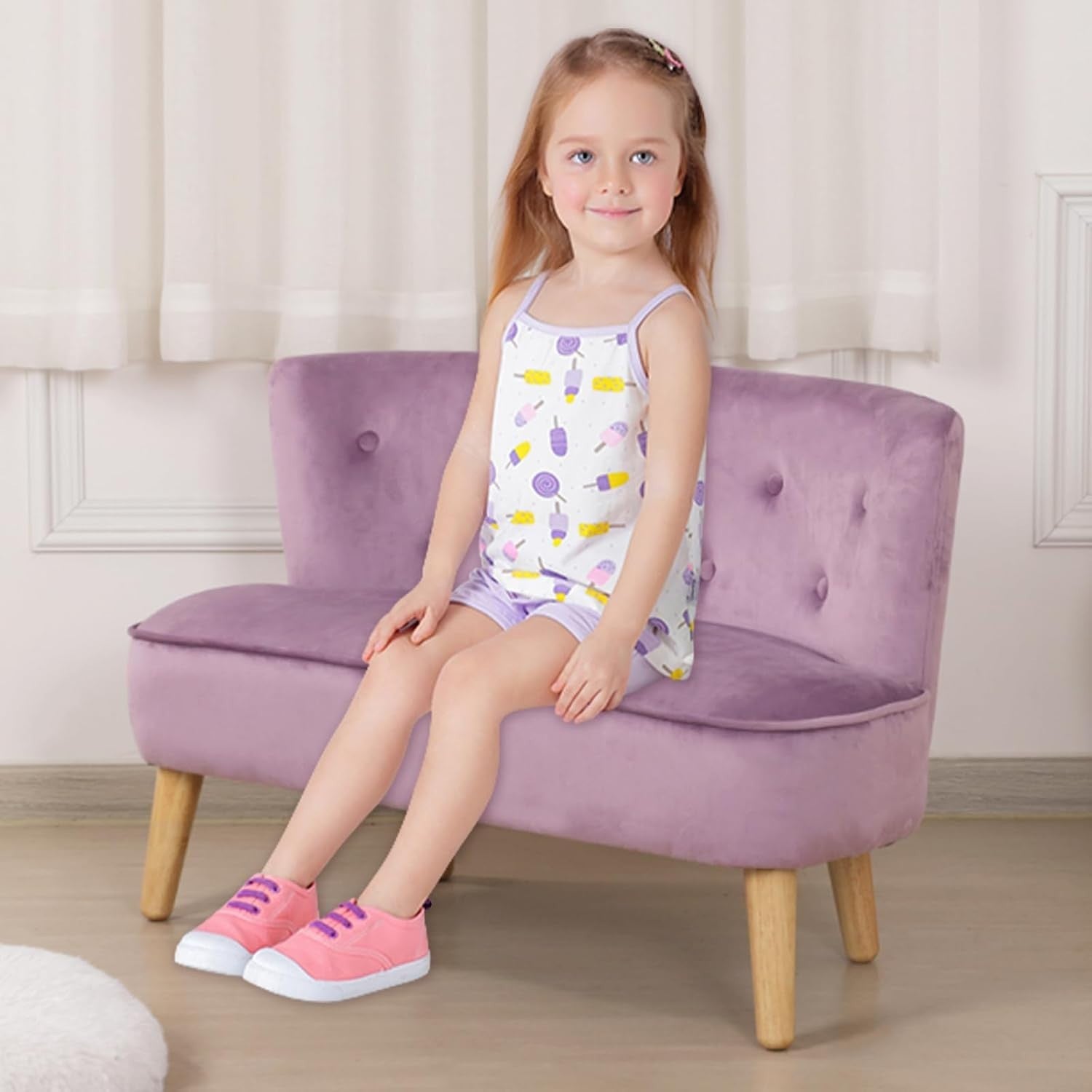 Purple Velvet Kids Sofa, 2-Seater Play Couch for Toddlers, Compact 90.5x44.5x57.