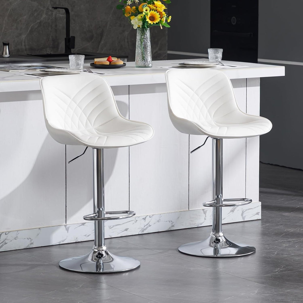 Adjustable White Faux Leather Bar Stools Set of 2 | Swivel Kitchen & Counter