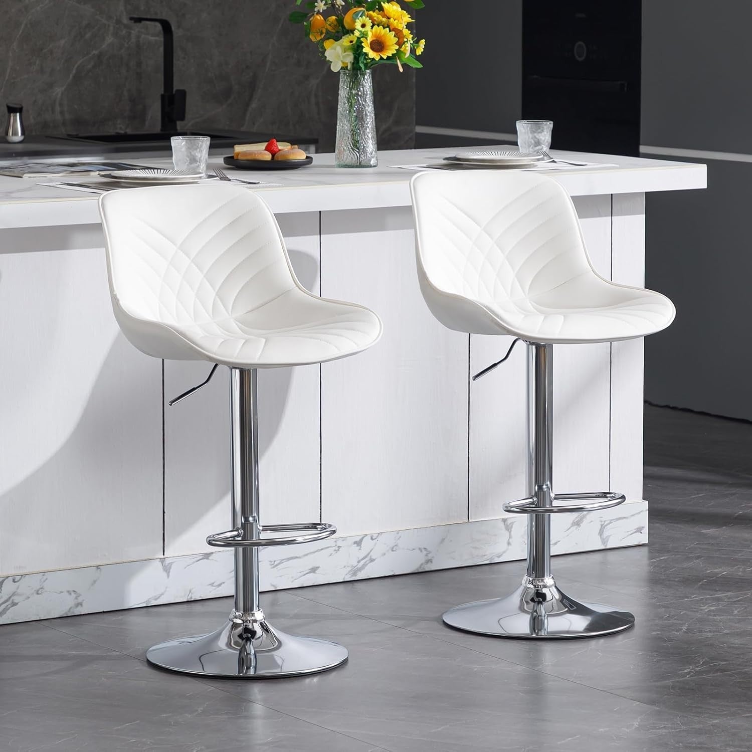 Adjustable White Faux Leather Bar Stools Set of 2 | Swivel Kitchen & Counter