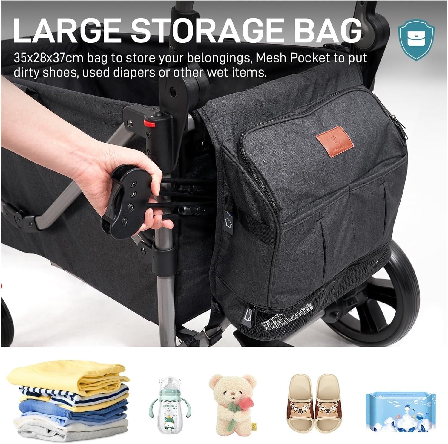 Black Stroller Wagon for 2 Kids w/ Canopy & Seats – Push Pull Cart Harnesses