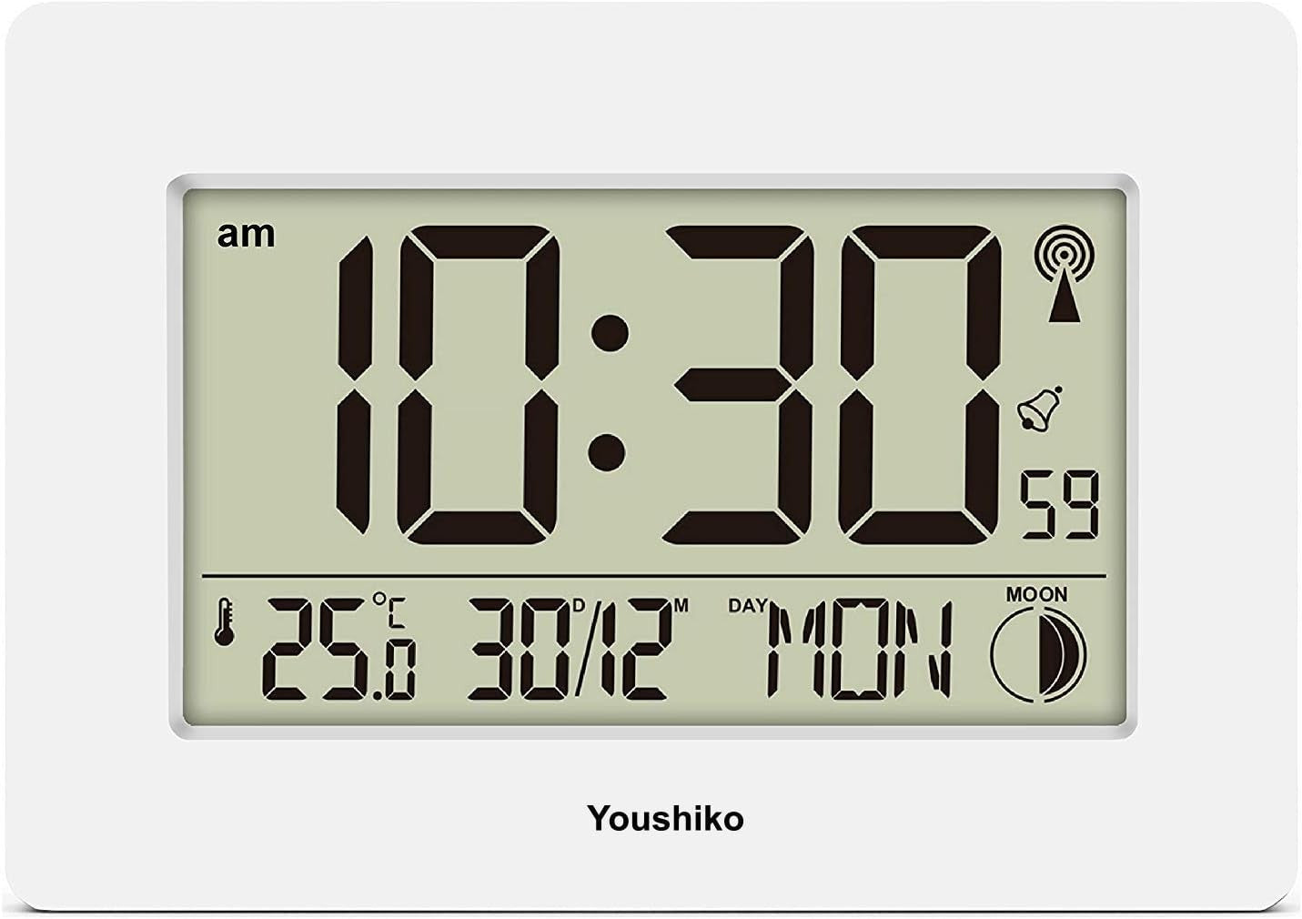 Large LCD Radio-Controlled Wall Clock White Silent Auto-Set Temp Day Date