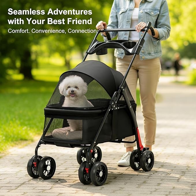 Cat Pet Stroller Lightweight Foldable 4 Wheel Travel Pushchair with Rain Cover