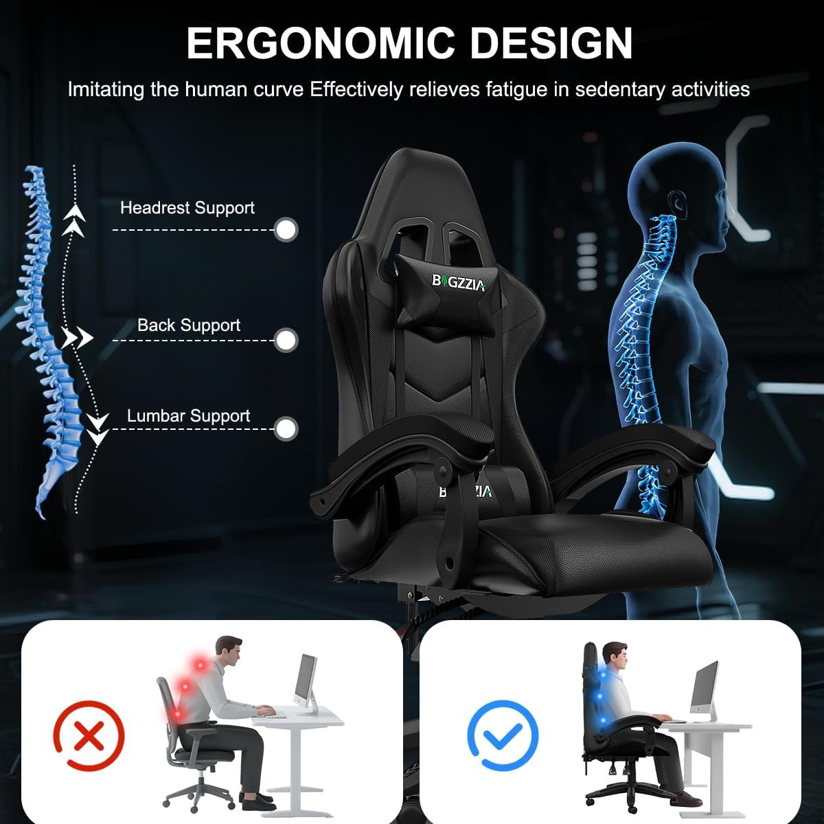 Gaming Chair with Bluetooth Speaker Reclining PU Leather Swivel