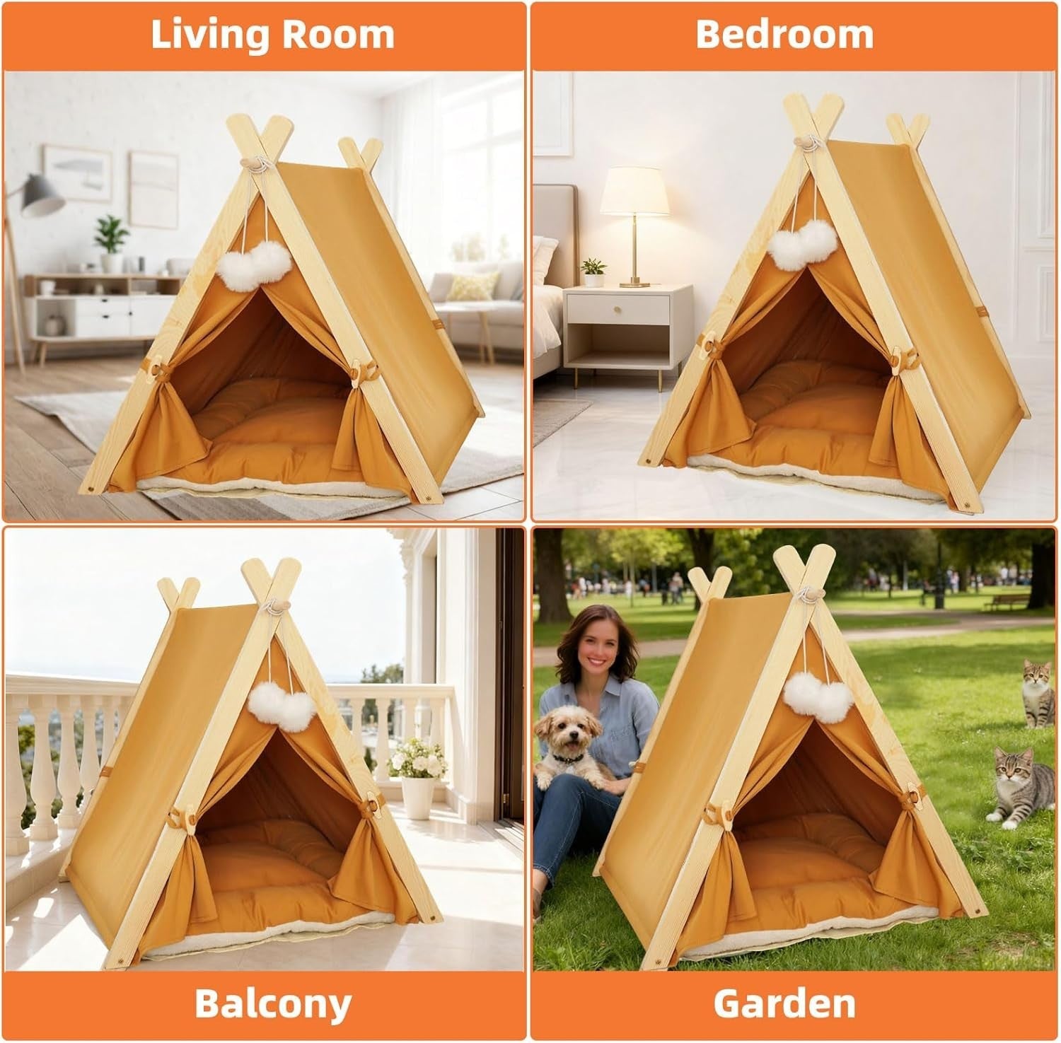 Wooden Pet Teepee Tent Cat Dog House w Cushion Indoor Shelter Yellow