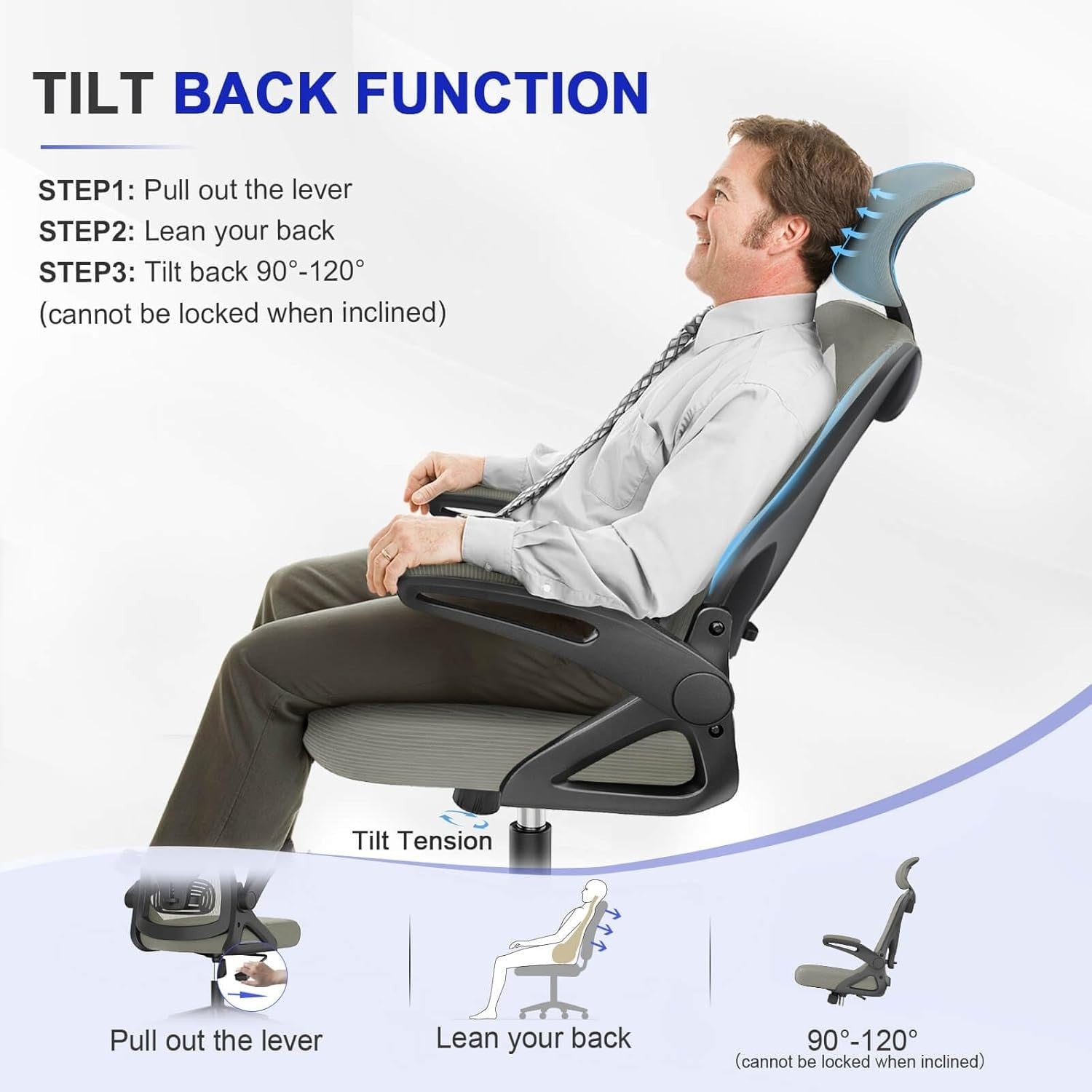 Ergonomic Office Chair High Back Mesh Flip-Up Arms Adjustable Lumbar Grey New