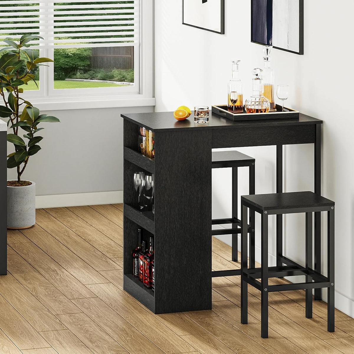 Breakfast Bar Table with Storage & Bar Stools Set, Industrial Black Compact
