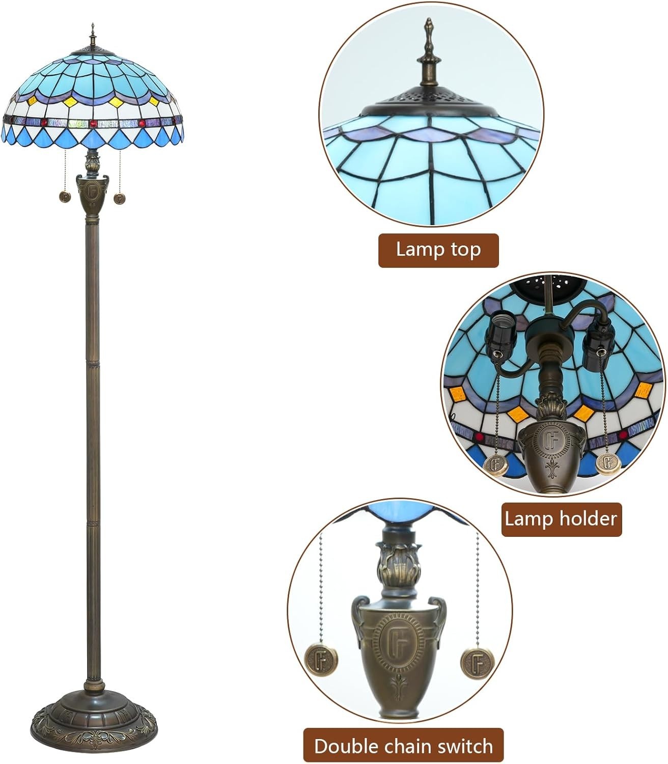 Blue Tiffany Floor Lamp with Stained Glass Shade & Foot Switch