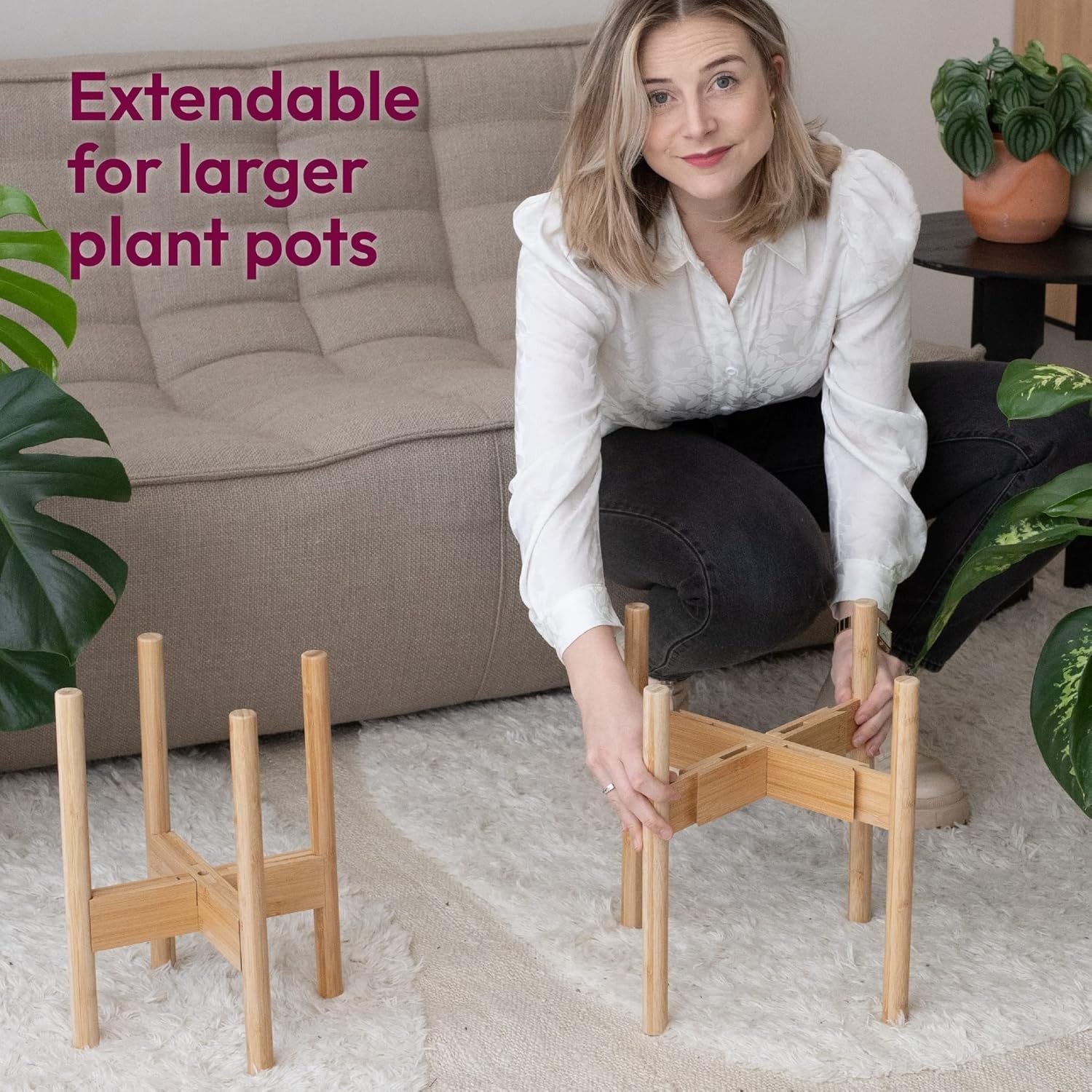 Set of 2 Adjustable Bamboo Plant Stands, Wooden Flower Pot Holders Indoor & Outd