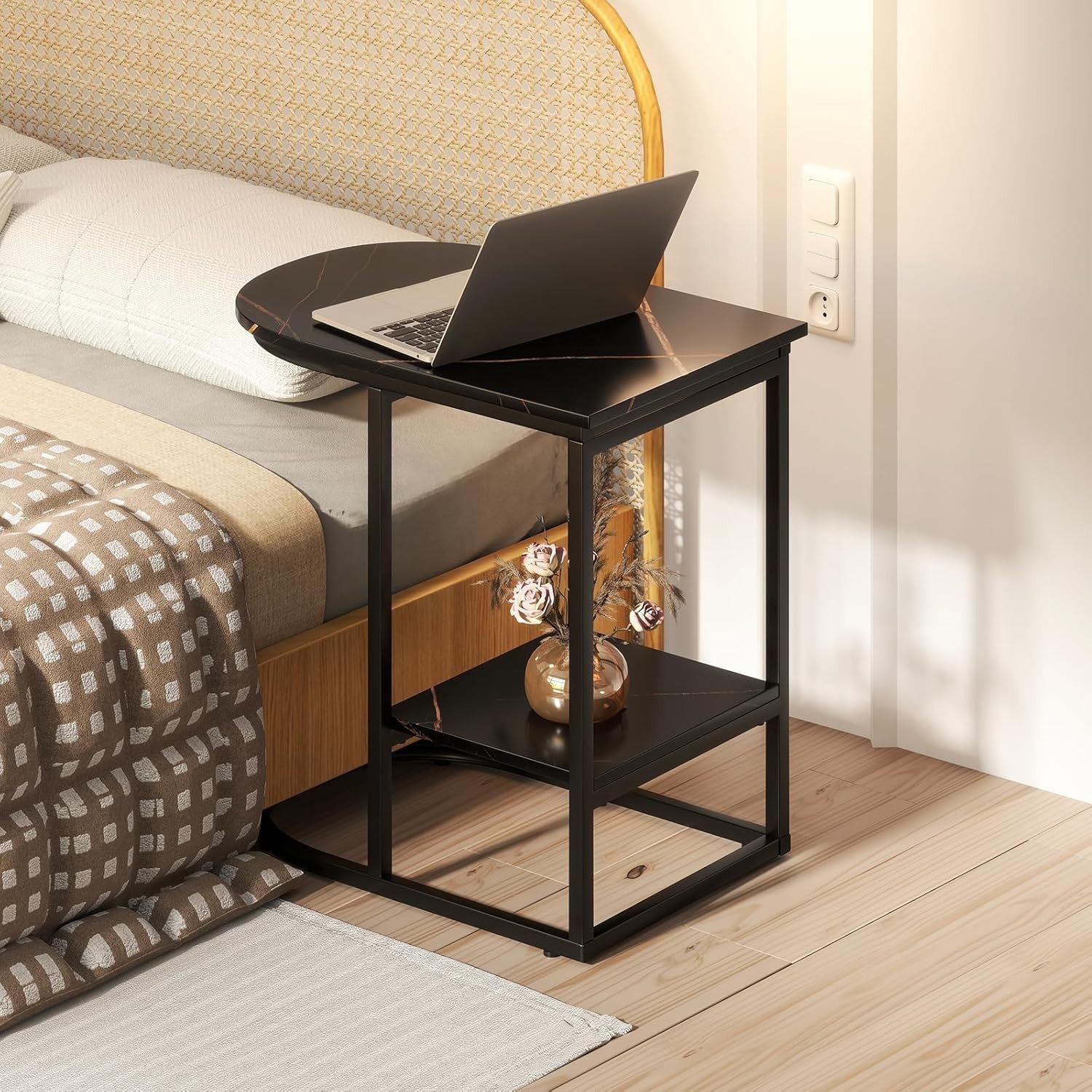 Modern C-Shaped Side Table with Faux Marble Top & Storage Shelf – Slim Overbed S