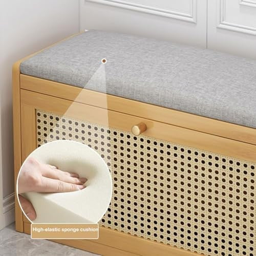 Narrow Shoe Bench 2-Tier Rattan Door Storage Seat Organiser 50cm Entryway