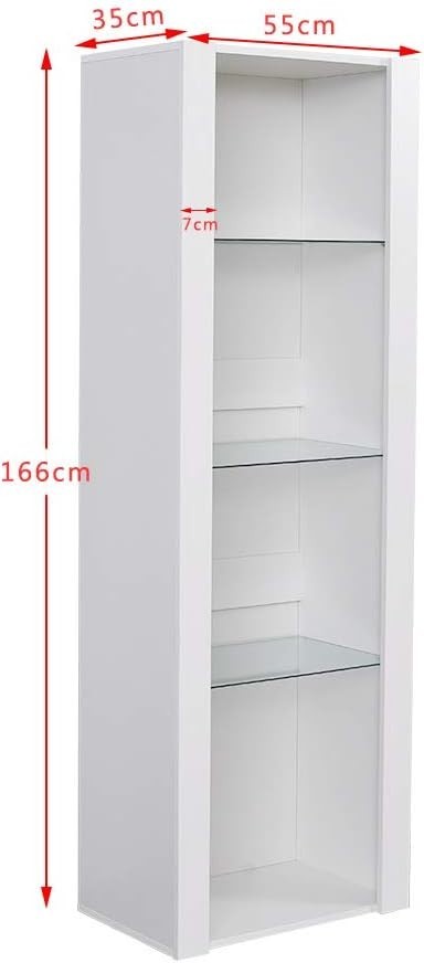 Tall Display Cabinet RGB Glass Shelves White Unit 165cm Cupboard Storage
