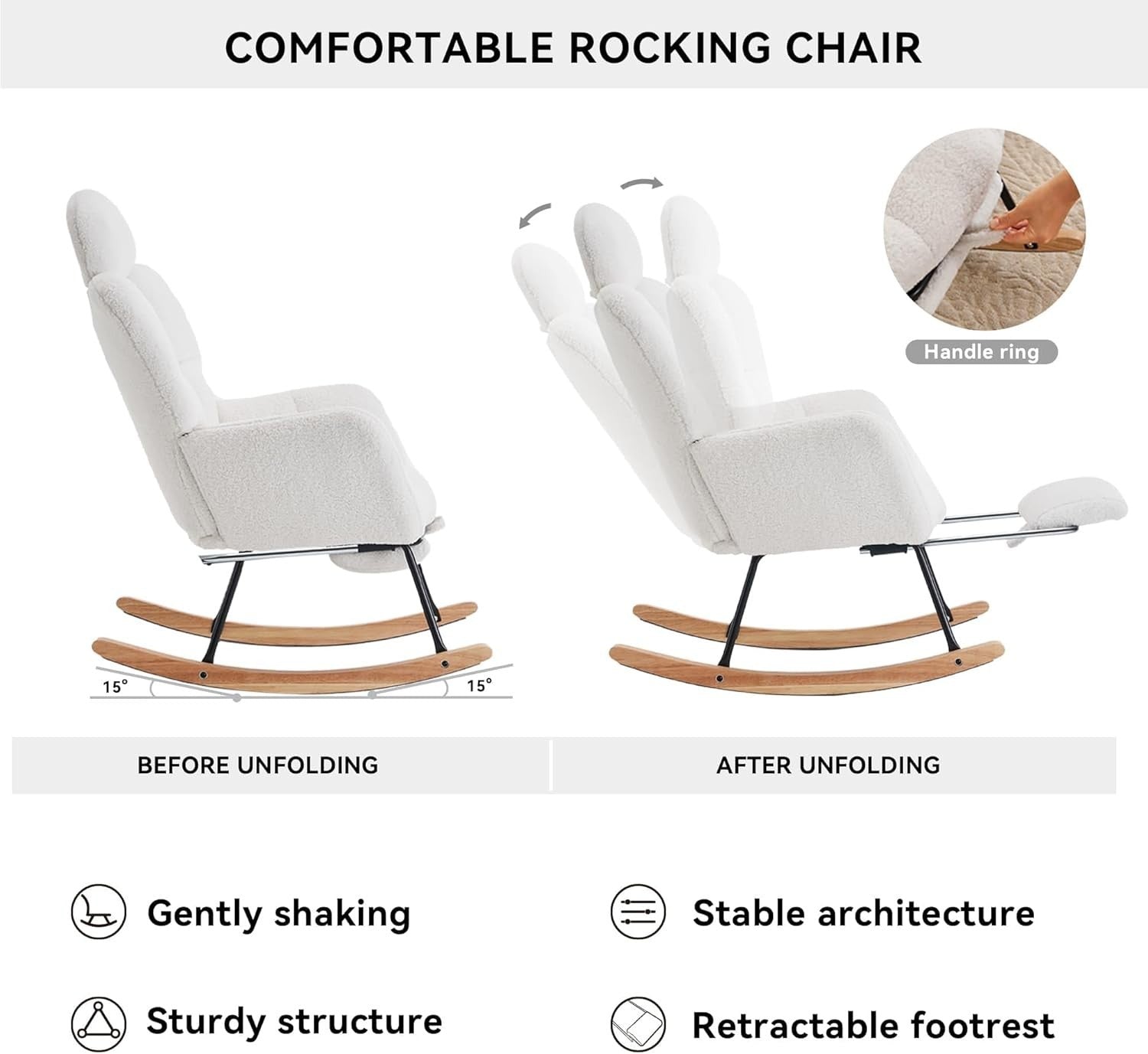 Ivory Rocking Recliner Chair w/ Footrest, Headrest – Cozy Teddy Armchair 125cm