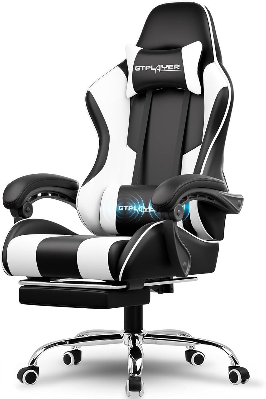 Ergonomic Gaming Chair with Footrest Massage Lumbar PC Desk White