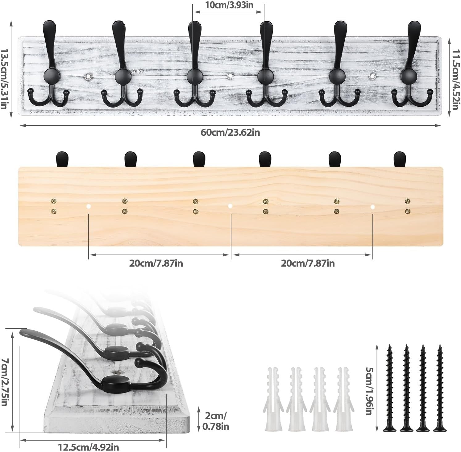 Grey Wooden Wall Mounted Coat Rack | 6 Hook Heavy Duty Hallway Hanger Shelf