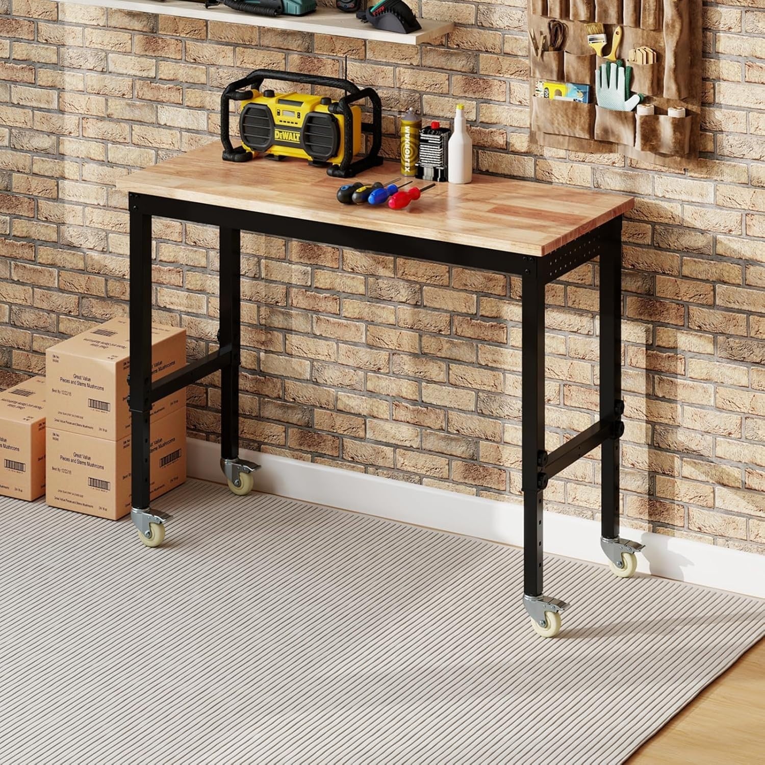 Height Adjustable Workbench 122x51cm Rolling Table 4-Level Rubberwood Top