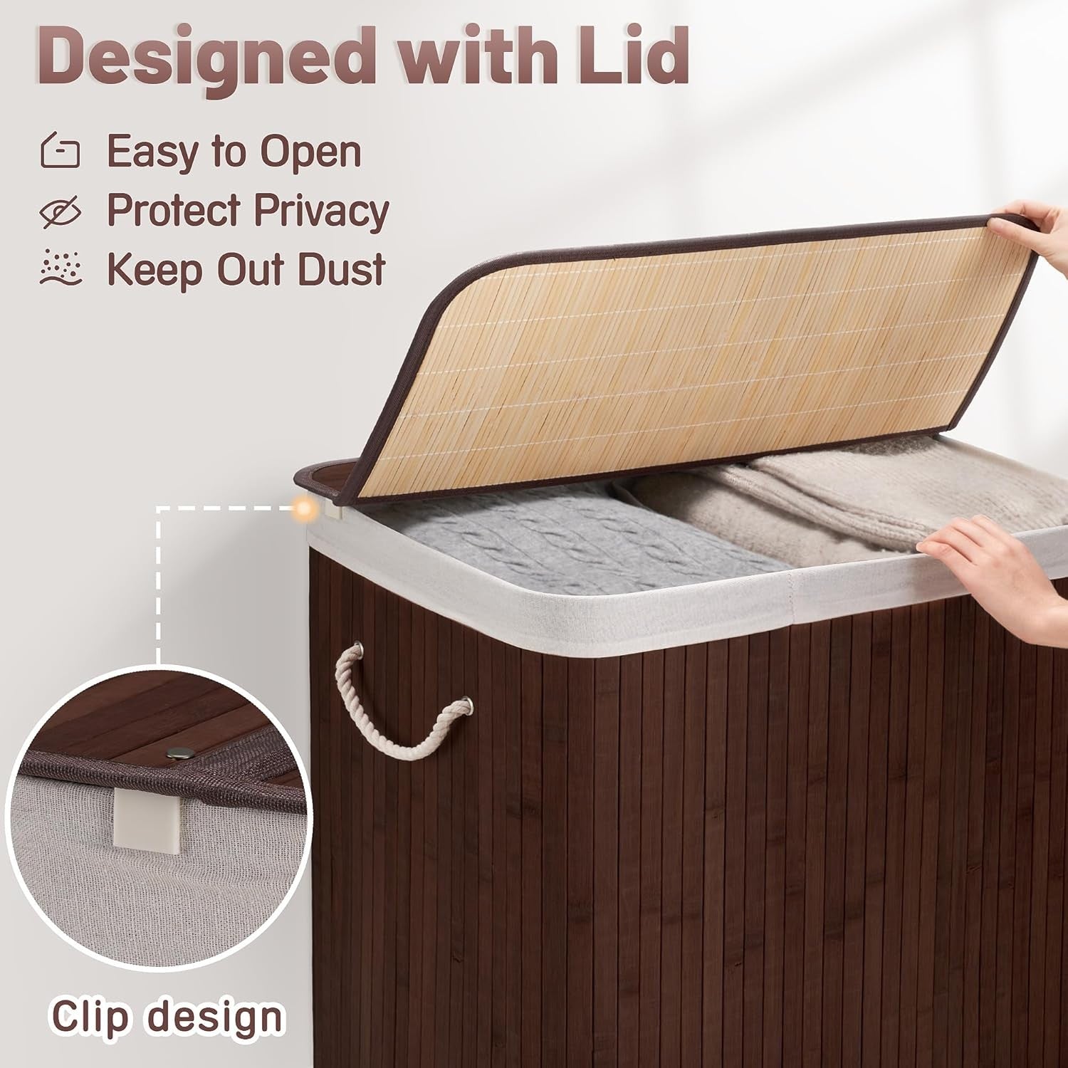 Large 100L Bamboo Laundry Hamper with Lid 2-Section Sorter Basket Brown