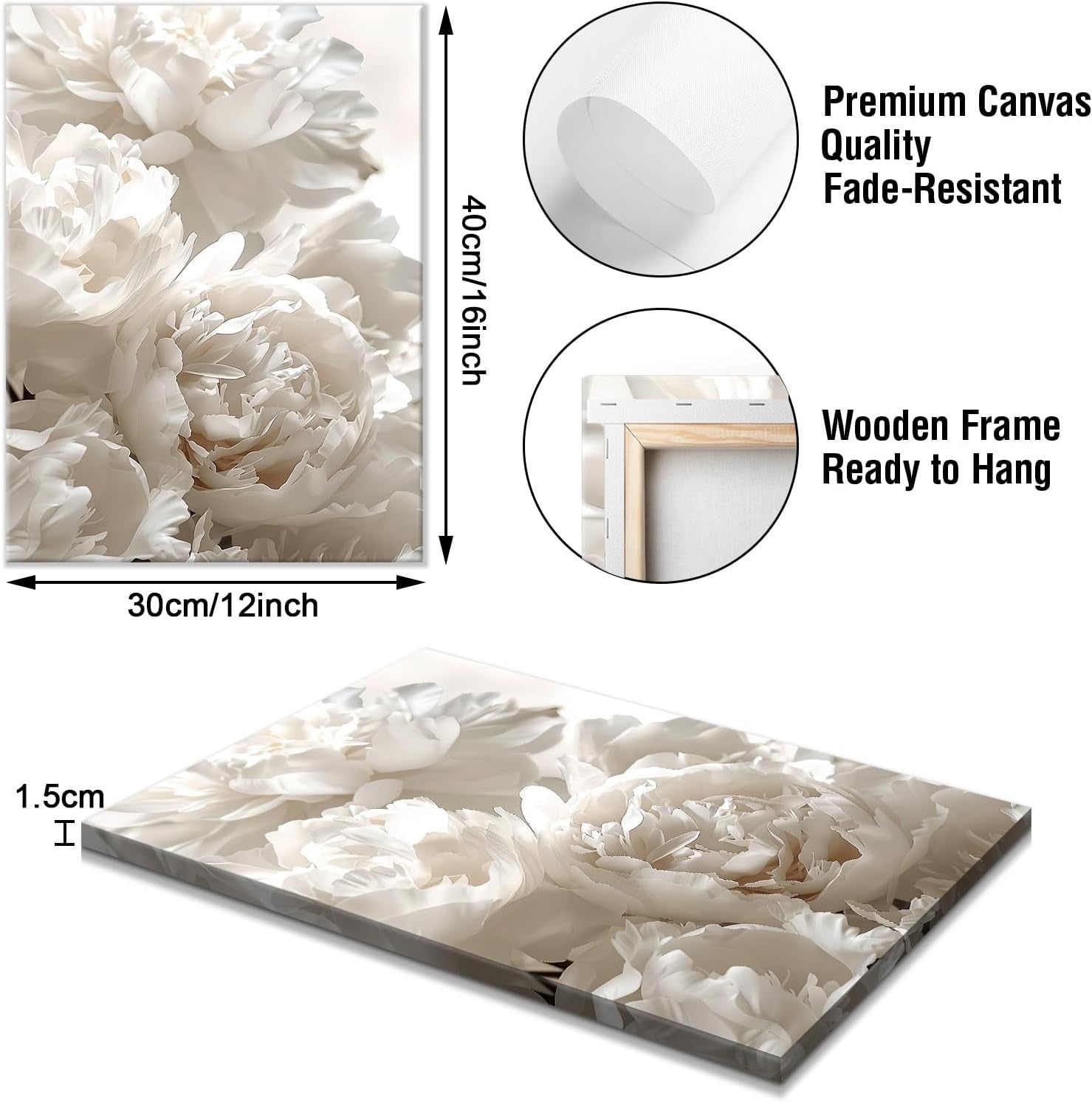White Floral Canvas Wall Art Set 3 Rose Peony 40x60cmx3