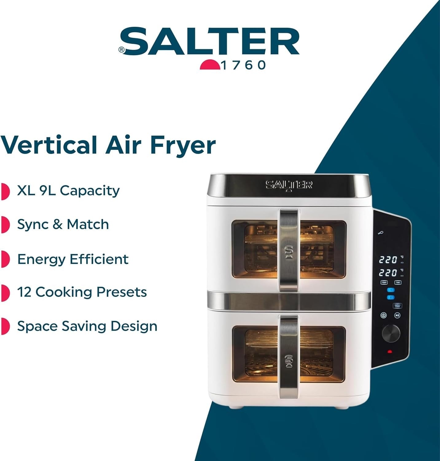 Vertical Dual Drawer Air Fryer 9L 12 Presets 4-Level Cooking, Sync/Match, 2400W
