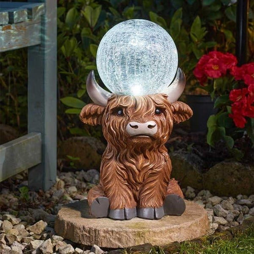 Solar Highland Cow Garden Ornament with LED Crackle Ball Resin Outdoor Statue
