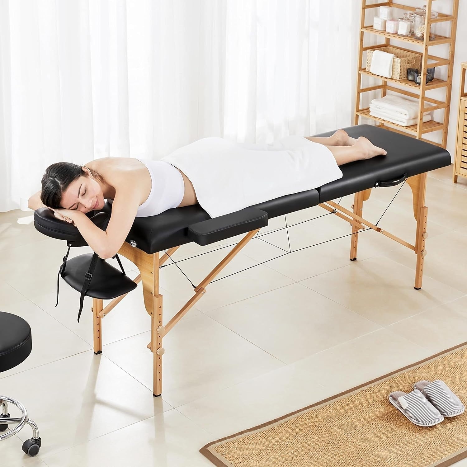 60cm Portable Massage Table | Foldable Wooden Lash Beauty Bed 2-Section Black