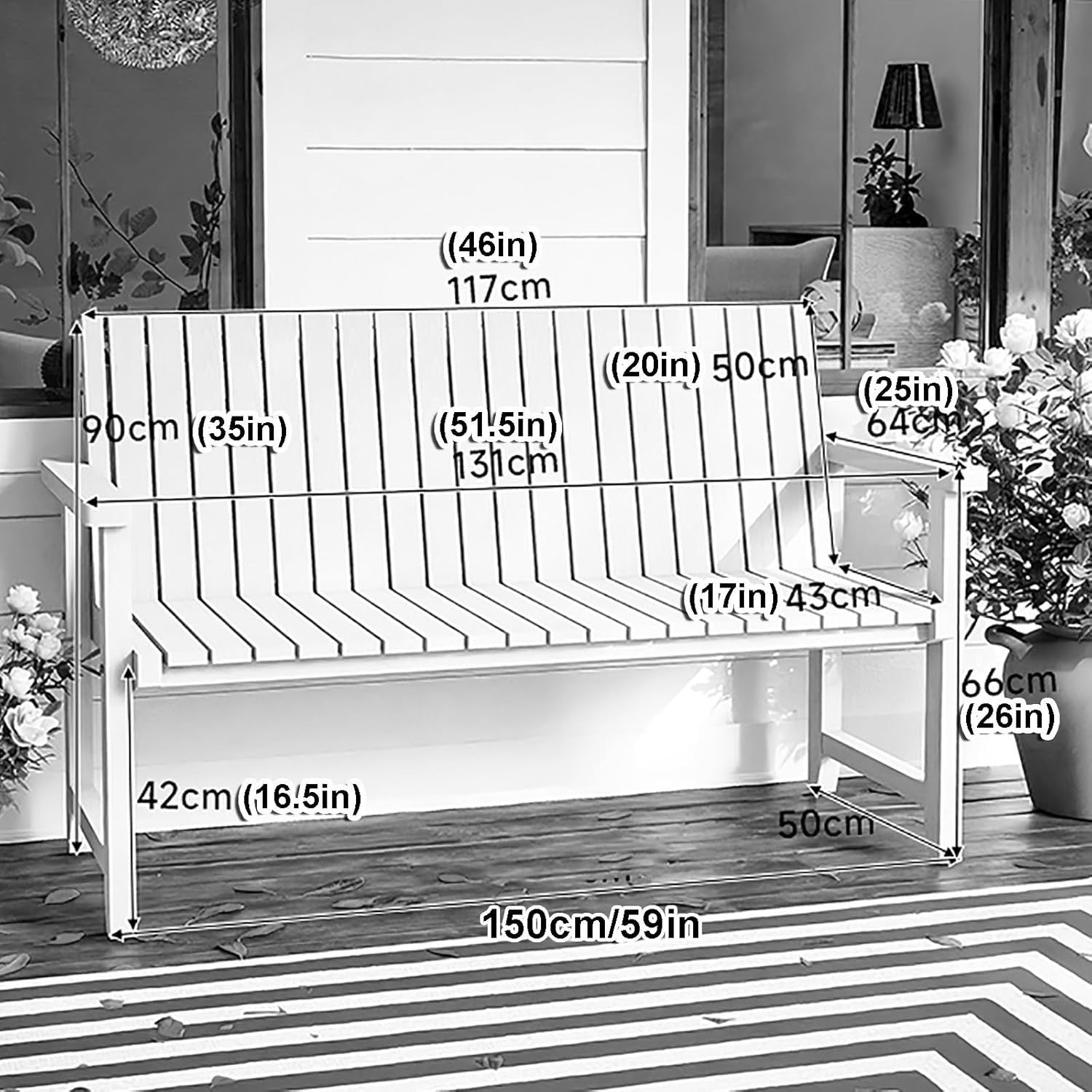 Weather-Resistant Solid Wood Outdoor Bench 2-Seater 150cm Slatted Seat