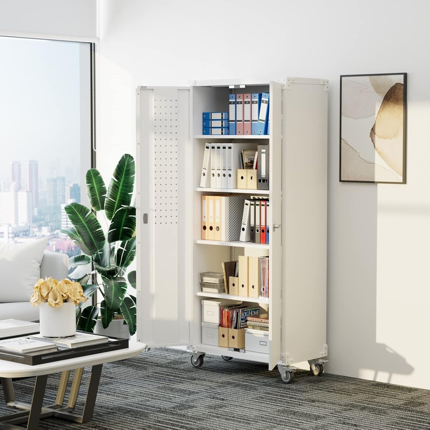 Tall Metal Storage Cabinet 183cm Lockable Doors Shelves Wheels Garage Office