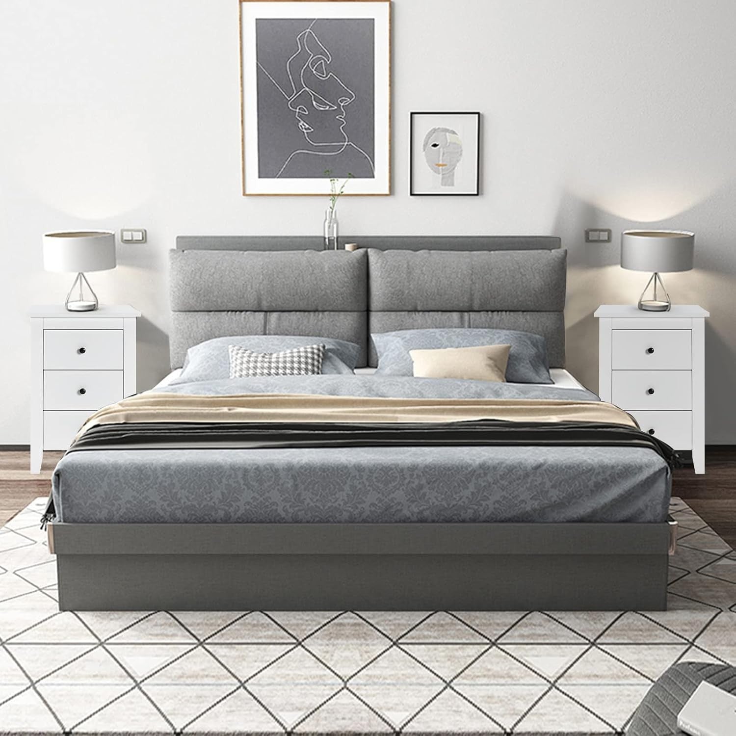 White Wooden Bedside Table with 3 Drawers – Modern Nightstand Storage Unit