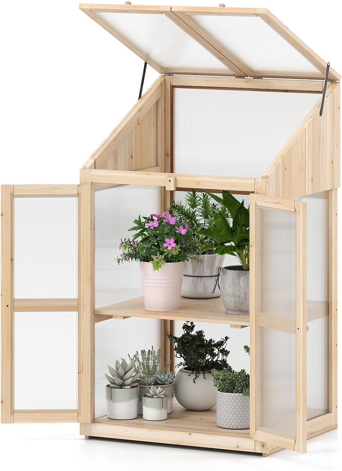 Wooden Cold Frame Greenhouse 69x58x121cm with Shelves & Lockable Doors