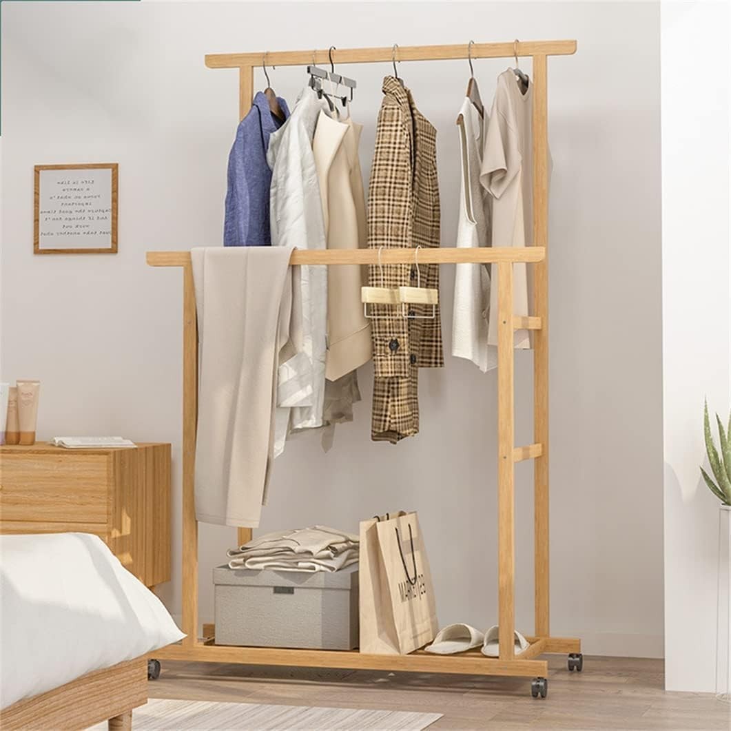 Bamboo Clothes Rail Double Hanging Rack with Wheels & Shelves – 80x40x160cm