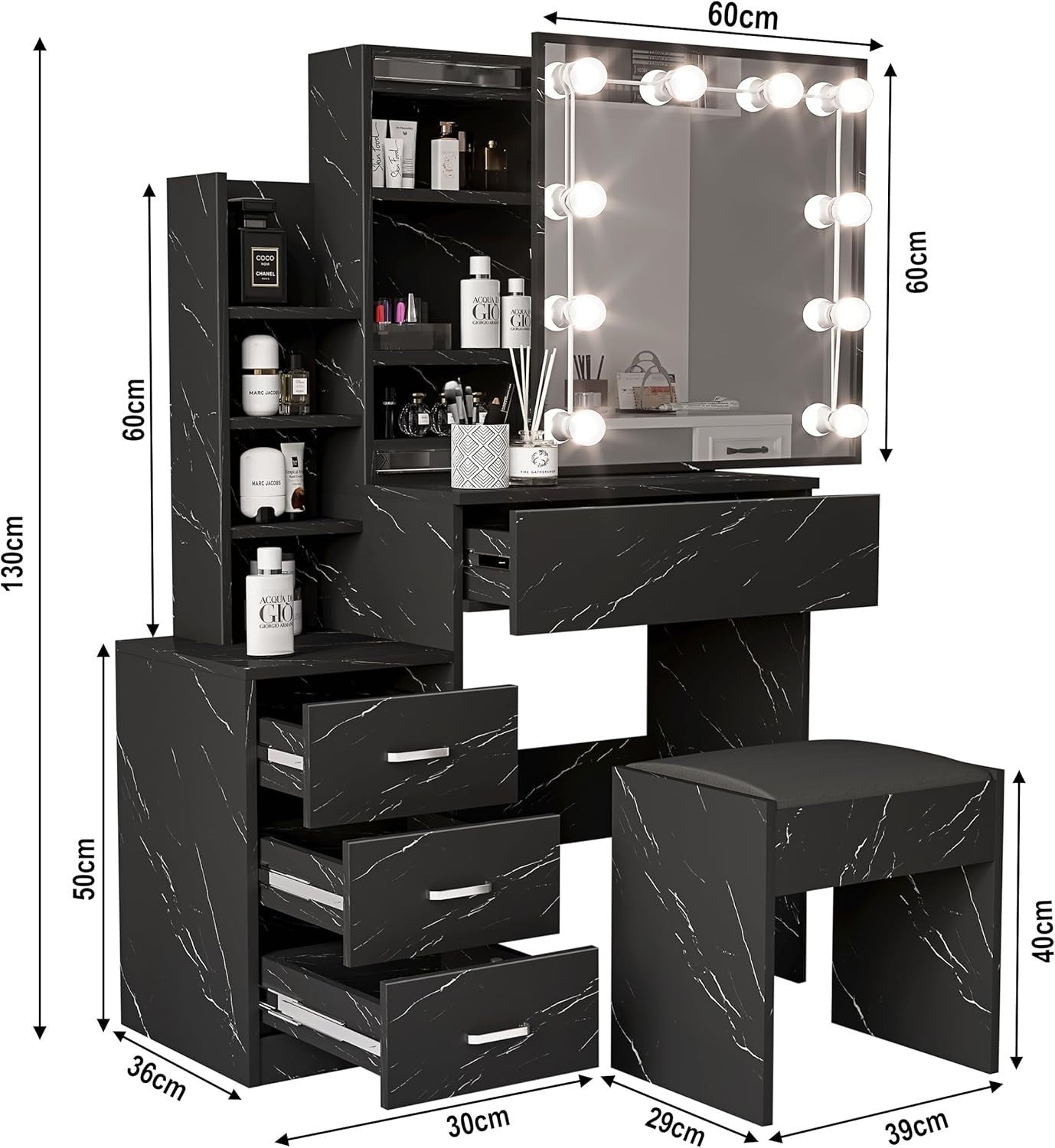 Wood Vanity Desk w/Sliding Lighted Mirror 2 Drawers Large Storage Shelves Set